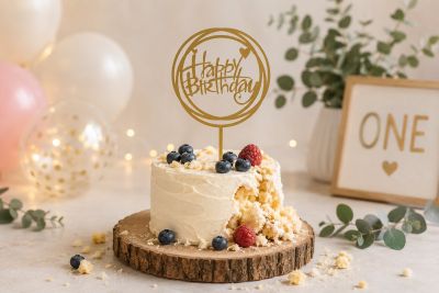 Kleiner zuckerarmer Smash Cake mit Frischkäse-Frosting, Beeren und goldenem Happy-Birthday-Cake-Topper auf rustikalem Holzbrett für den 1. Geburtstag