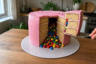 Pinata Torte auf Tortenplatte mit Schokolinsen im Hohlraum