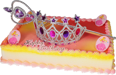 prinzessinnenkuchen mit pinl orincess dekoration und tragbarer platikkrone und zepter